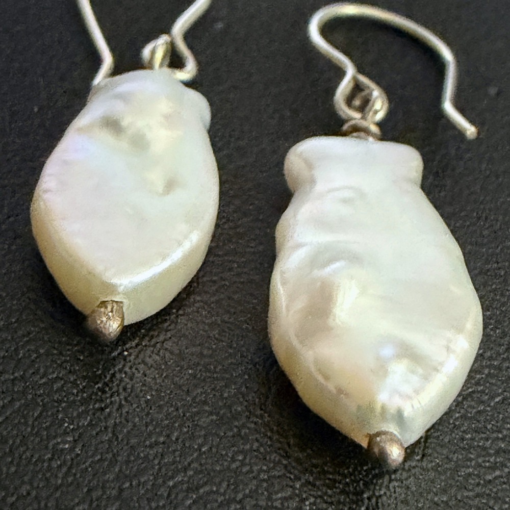 Sterling Silver Baroque Pearl Earrings Drop Dangle - Picture 6 of 7